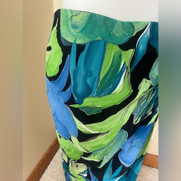 Vintage Cache 💙💚🖤 Black Spandex Zip Skirt W/ Floral Sarong Size 10 90s 🖤💙💚 - Picture 3 of 12
